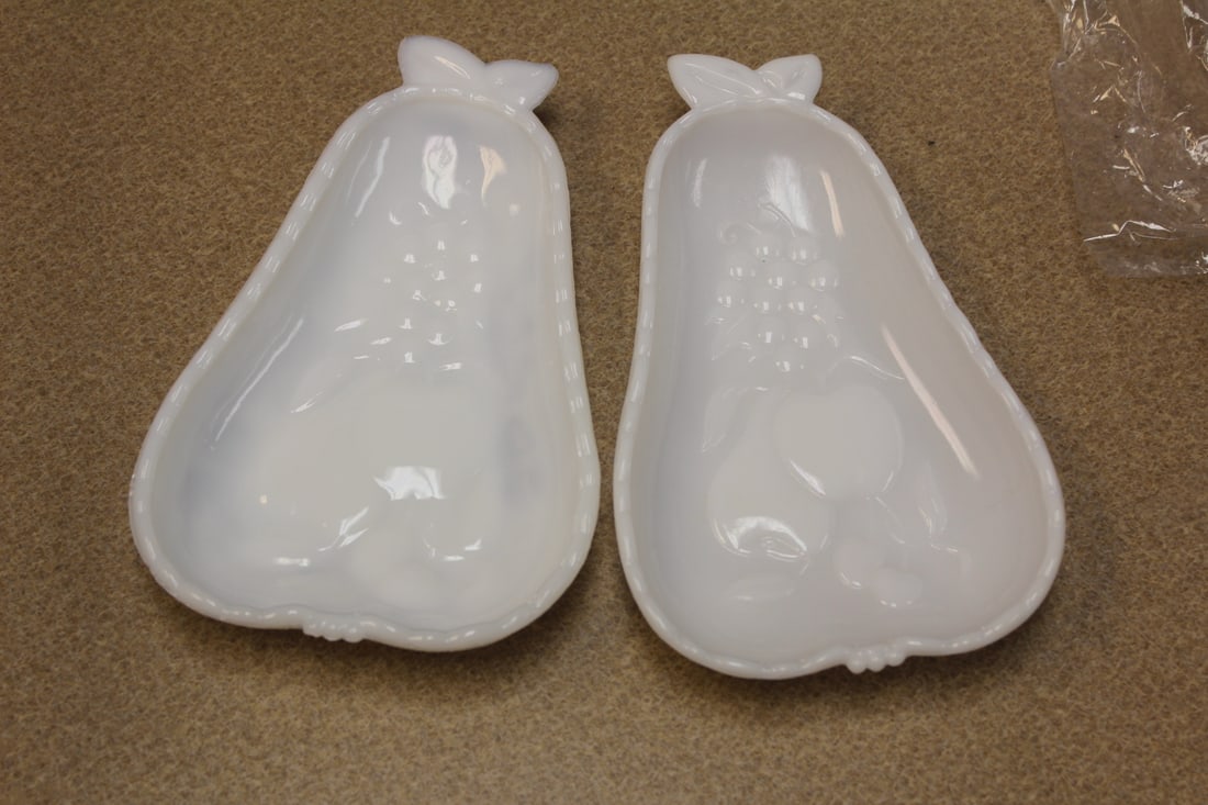 Anchor Hocking Milk Glass Trinket Plates: pear shape - pair - 8" across