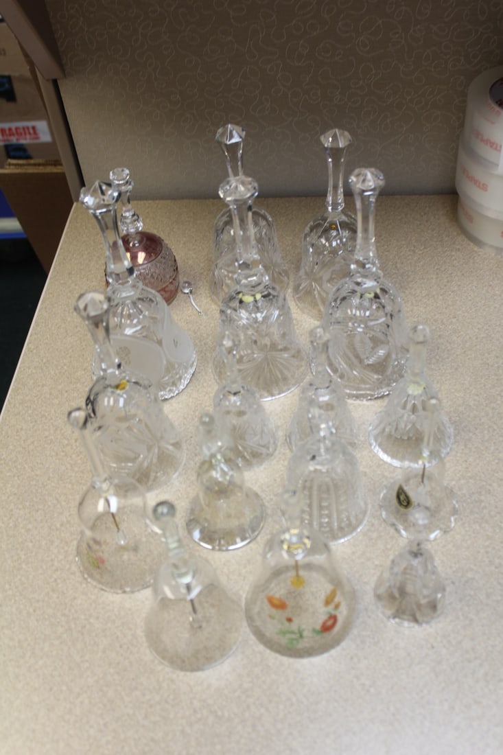 Lot of 17 Crystal Bells: some of them have no clasps - tallest= 8 1/4" tall