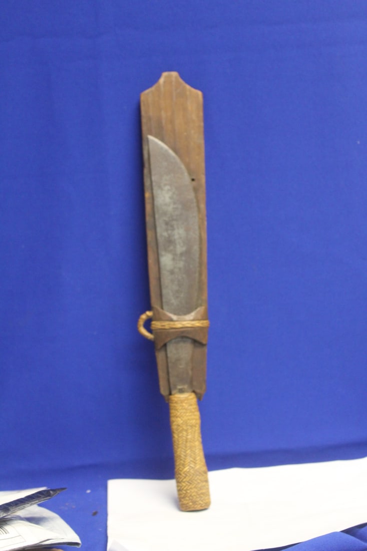 Small Matchete with Wooden Holder: Southeast Asian, most likely Philippine - bamboo handle - well made - overall= 17 1/2" long