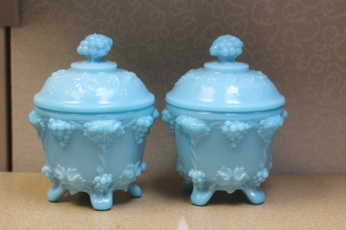 Pair of Teal Blue and Glass Jars: with lid - 6 1/4" tall each