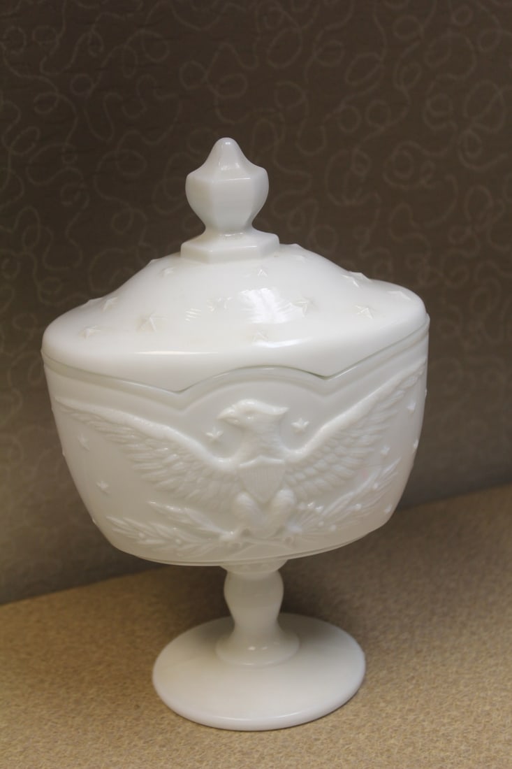 Milk Glass Compote: with lid - 8 3/8" tall eagle design