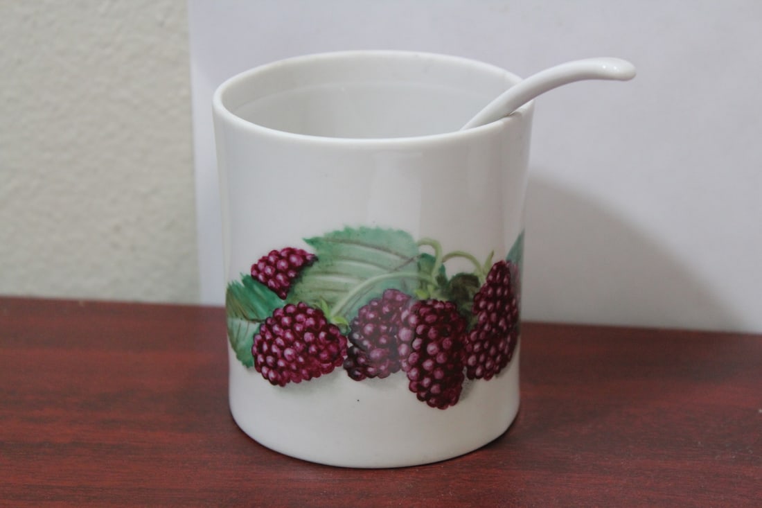 A Porcelain Cup wth Fruit Motif: most likely German - with porcelain ladle - cup= 3 1/4" tall