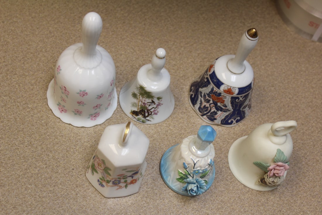 Lot of 6 Ceramic Holiday Bells: tallest=6 inches - please note= one has no dinger