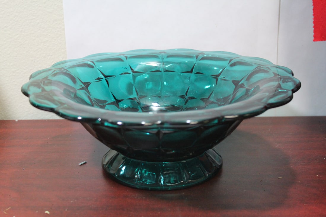 A Teal Glass Stem Bowl: 11 1/2" in diameter