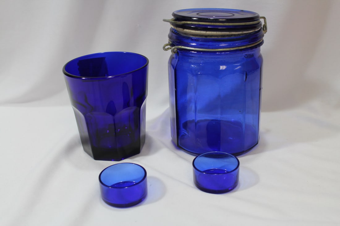 Lot of 4 Cobalt Blue Glass Items: jar= 6" tall