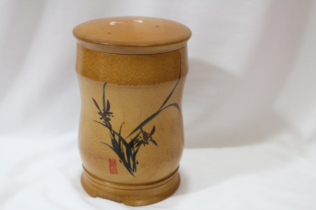 A Wooden Chinese Teabox: please note: bottom rim loss as shown - 6" tall