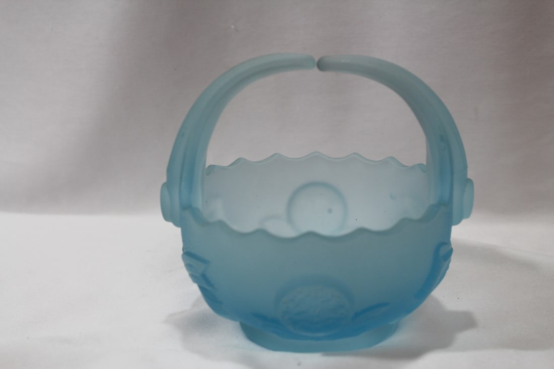 A Teal Blue and Satin Glass Basket: 5 3/8" tall