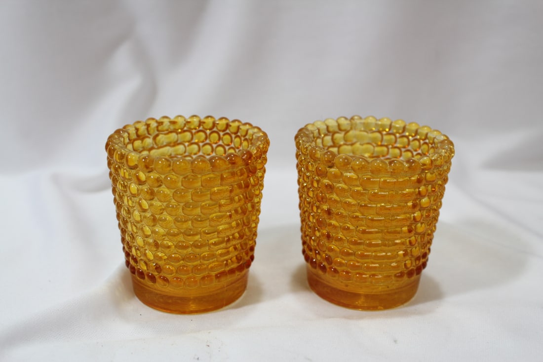 Lot of Two Small Orange Carnival Glass Cups: 2 1/2" tall