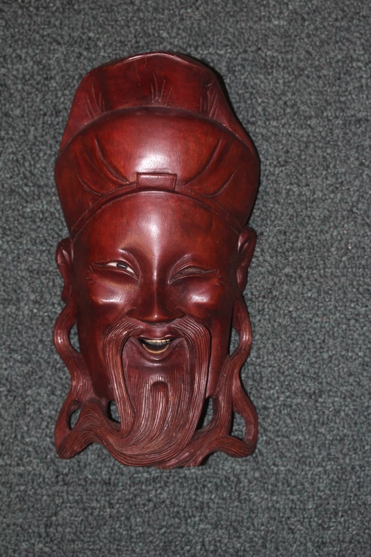 Well Carved Chinese Wooden Mask: please note: missing one eye as shown - 9 5/8" across