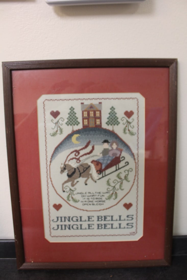 Framed Jingle Bells Neddle Point: overall= 21" x 16"