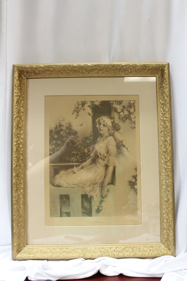 An Antique Victorian Framed Print of a Girl: by Bessie Guttman - nicely carved wooden frame - most likely from it's period - overall= 18 1/4" x 22 1/4"