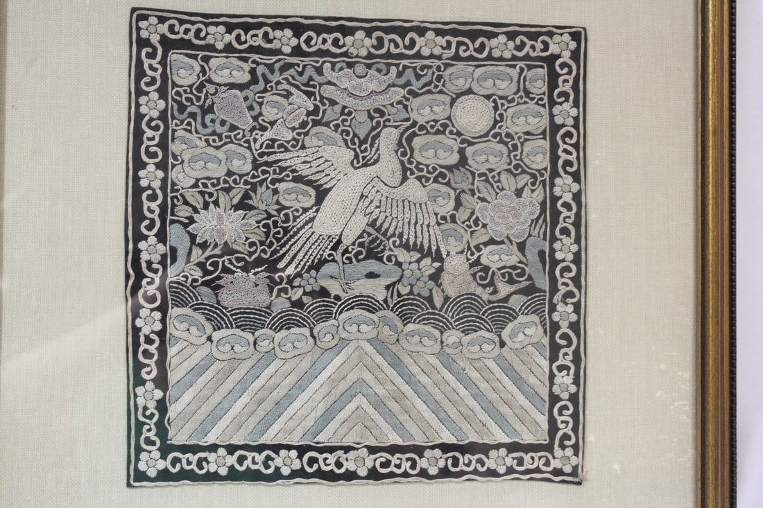 An Antique Chinese Rank Badge: framed - overall= 18 1/2" x 18 1/4" - sight= 11" square