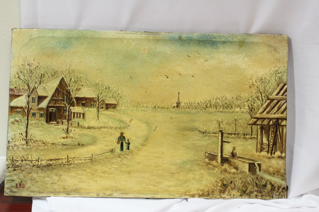 An Antique 19th Century Oil on Canvas: unframed - signed: Leo? - winter scene - 9 1/2" x 15 3/4"