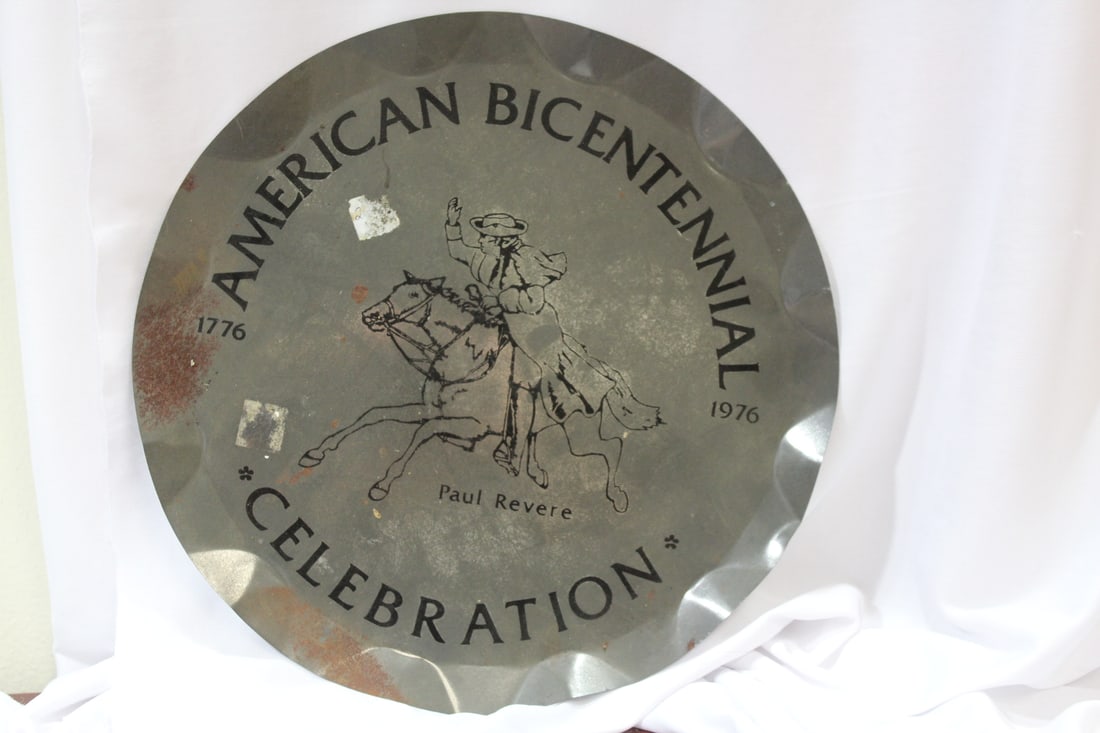 A Paul Revere Tin Tray: American Bicentennial Celebration - please note: rust - 11 7/8" in diameter