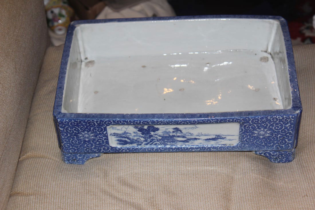 Antique Blue and White Planter: 19th century - Chinese/Japanese/Asian - 13 1/2" x 9 1/8" x 3" tall