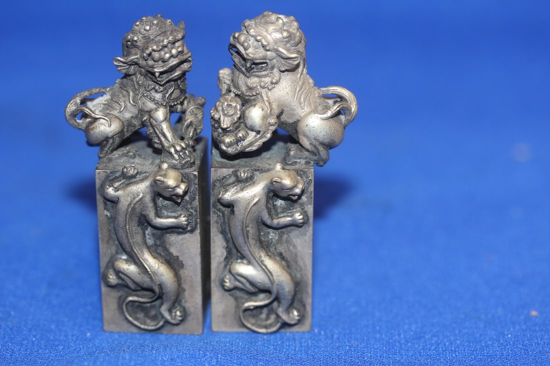 Pair of Chinese Metal Seals: well carved - 2 5/8" tall each - appeared to be solid
