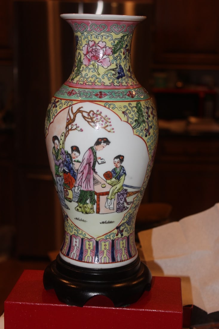 Chinese Famille Jaune Vase: with stand - please note: stand glued to the vase and previously drilled as a lamp - overall= 13 3/4" tall - vase only= 11 3/4" tall