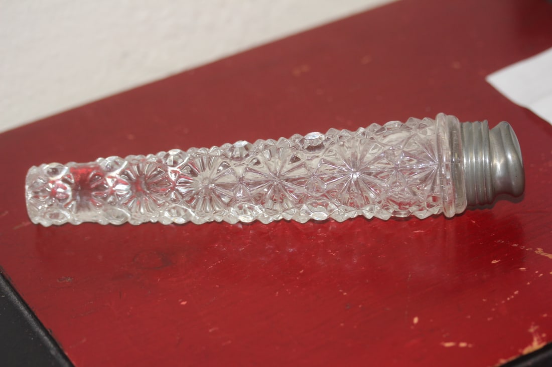 Press Glass Tube: function unknown - possibly for spirit or just a holder - please note: top dent - 7 inches across