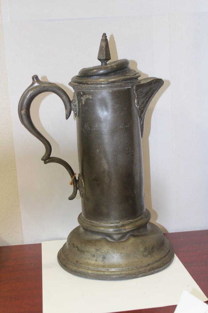 A Presentation Silverplated Teapot: please note: dents - 14 1/4" tall - antique - as found