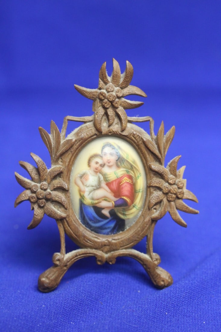 Porcelain Paingint inside a Wooden Frame: please note: frame has chips - overall= 4 1/4" nicely painted