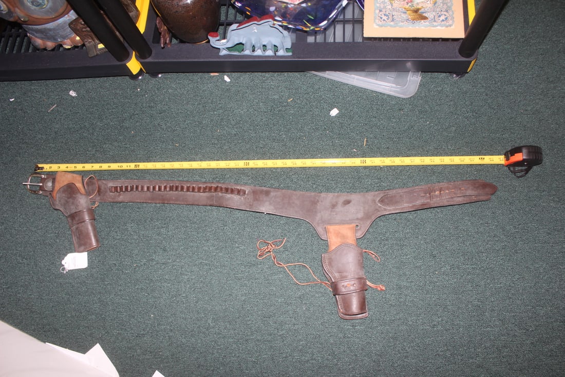Vintage Ammunition Leather Belt: with gun holsters - straight line across approximately 50 inches - as shown