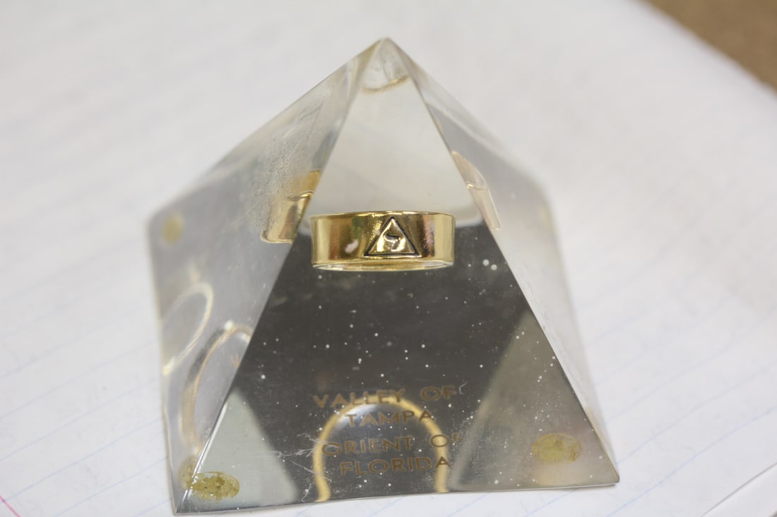 Lucite Triangle Paperweight: with ring - 3 1/4" tall