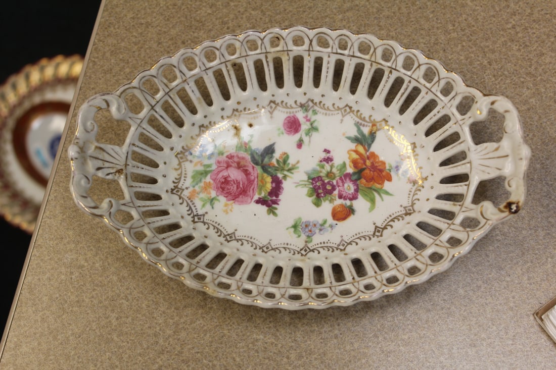 Articulated Vegetable Dish: Antique - porcelain, floral two handle - 9 1/8" dish