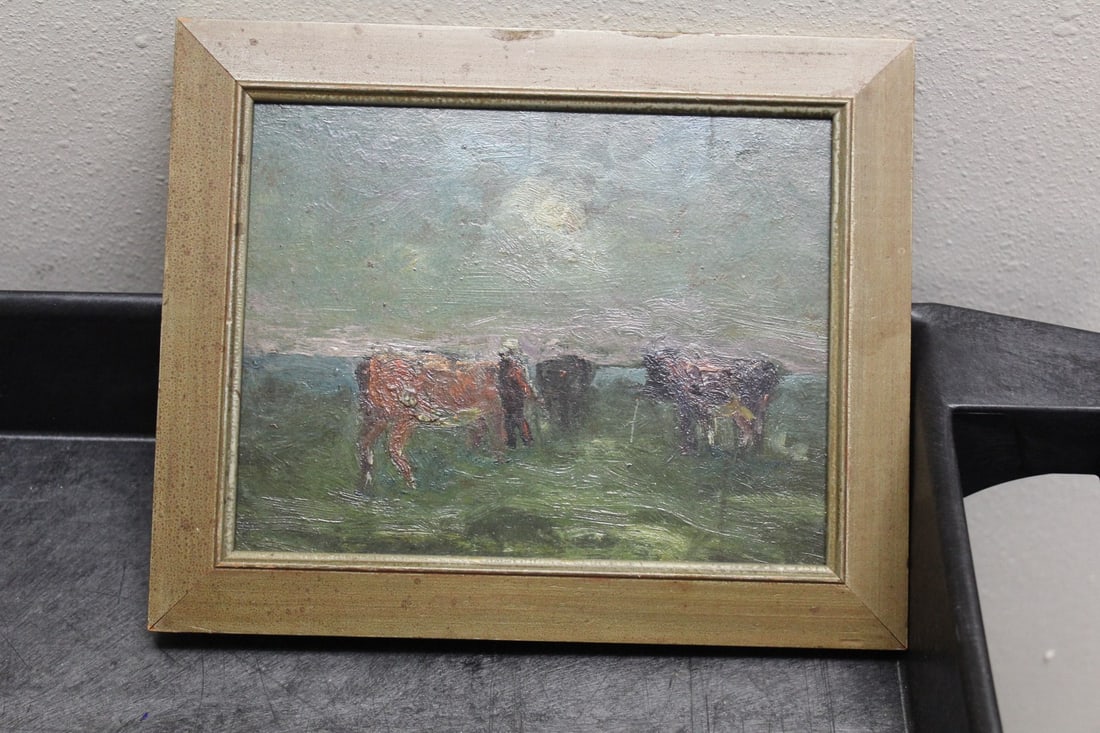 A Small Samuel Pratt Oil on Masonite Painting: overall= 9" x 7 3/8" - it's old