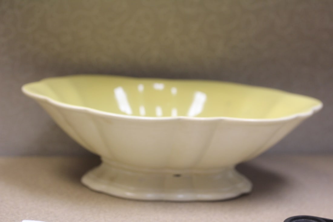 Marked Yellow Bowl: please note: inside foot damaged, hardly noticeable when it's right side up - 11 inches across