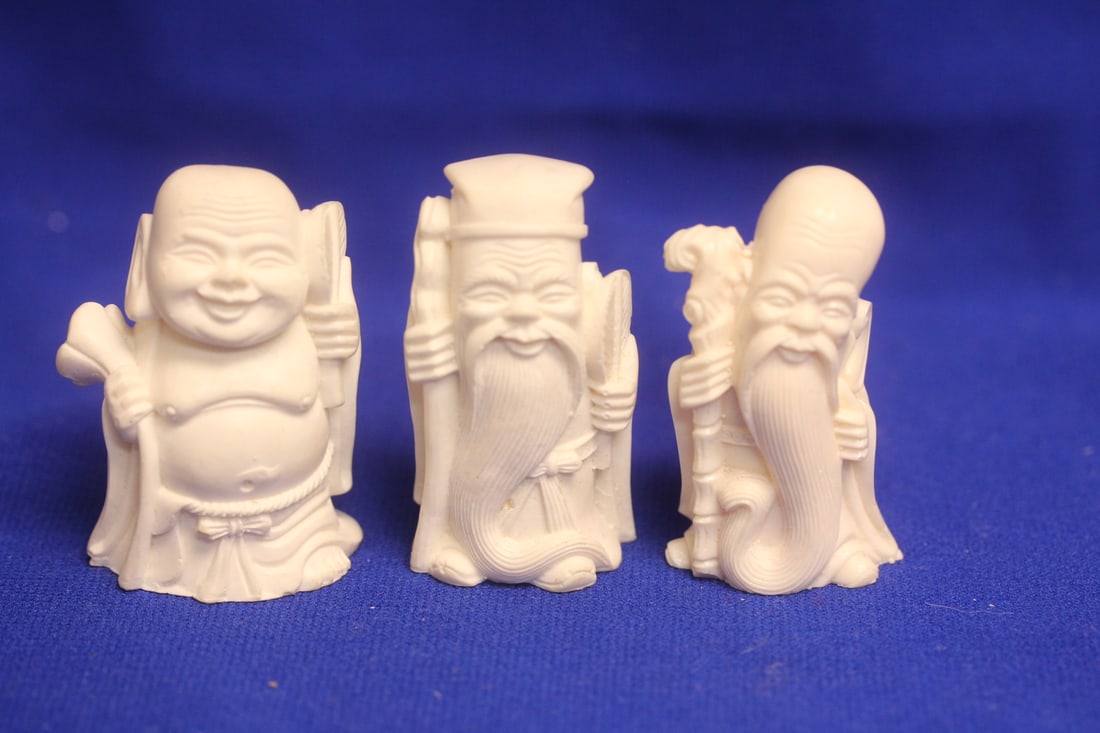 A Well Carved Chinese 3 Gods: Happiness, longetivity and wellness - 2 1/2" tall each
