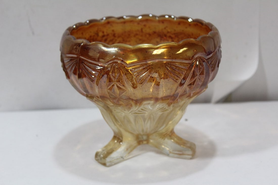 A 3-legged Carnival Glass Bowl: 4 3/8" tall