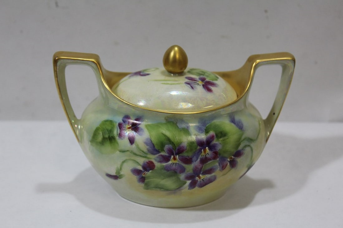 A German Sugar Container: handpainted - signed - 5 inches across