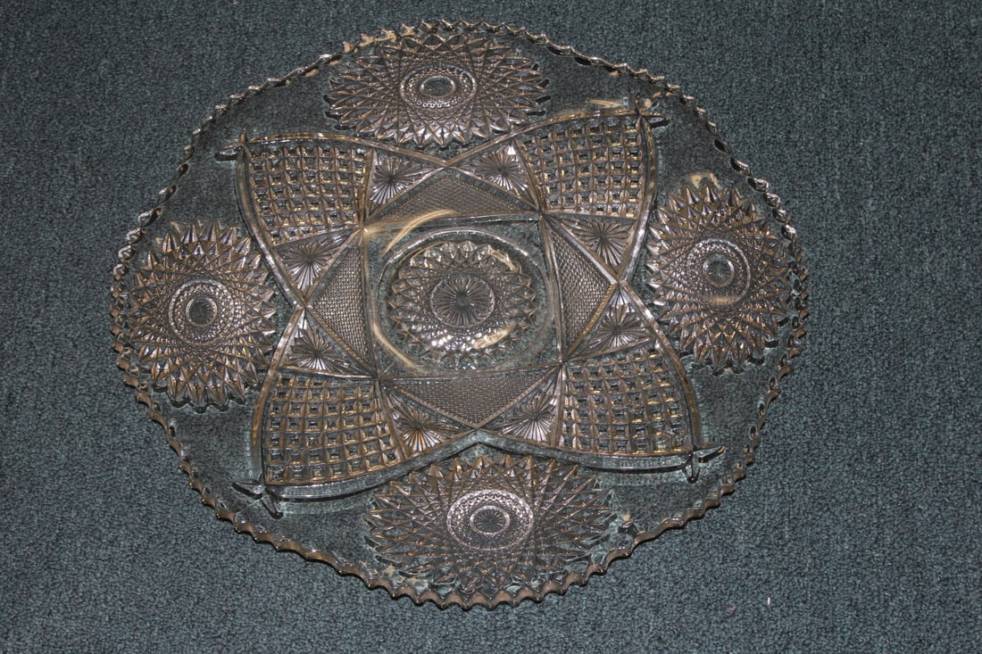 Vintage Press Glass Serving Tray: footed - 20 inches in diameter