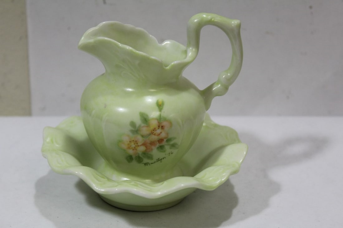 A Vintage Miniature Bowl and Pitcher: handpainted - signed and dated - pitcher= 4" tall