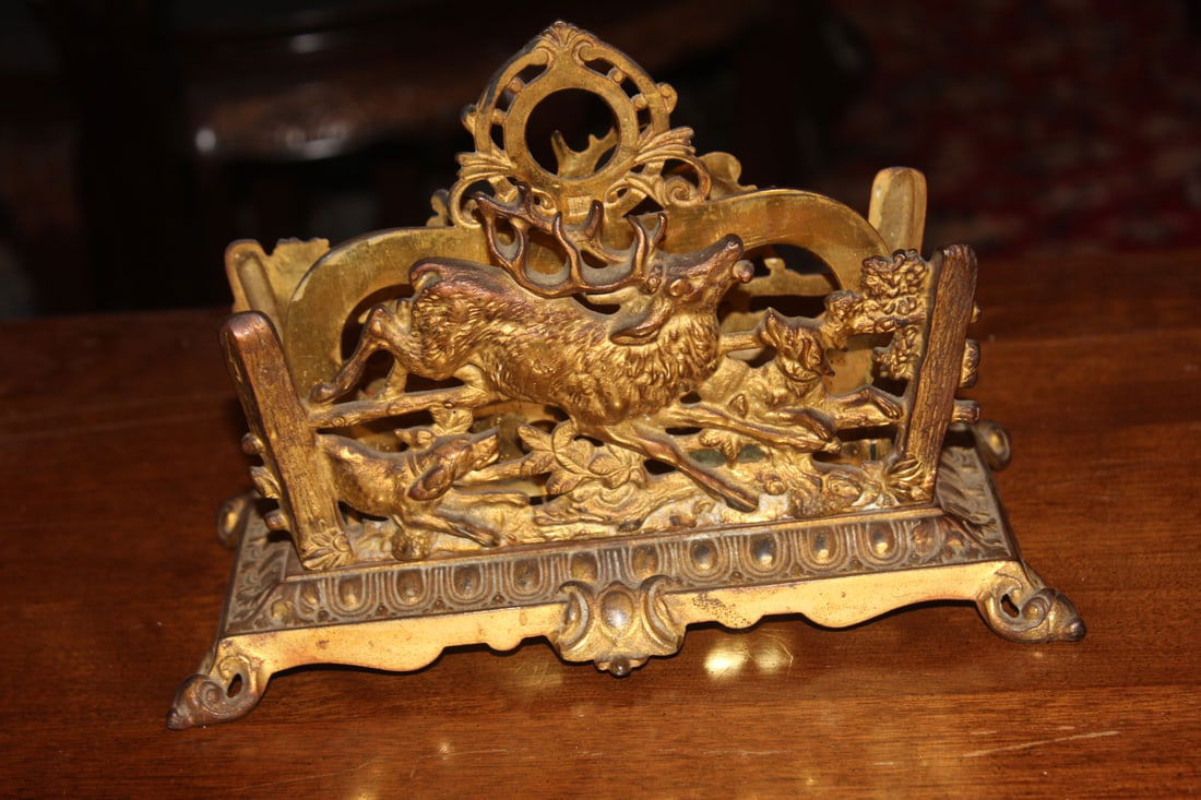 Signed Vintage Deer Stag Napkin Holder: signed B&H or Bradley and Hubbard - 9 1/4" across