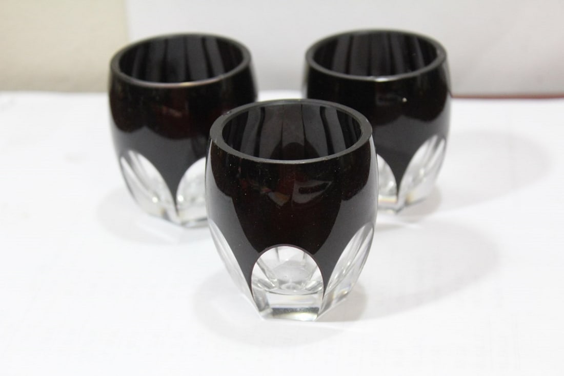 Lot of 3 Ruby Red Facet Cut Cups: please note: all have one small chip - each 2 1/4" tall