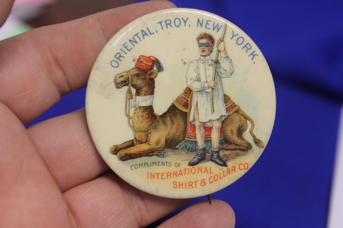 A Very Rare Shriner's Shirt Collar Pin: Shriner's Fraternal 1890's internationa; - with original paper - 2 inches in diameter
