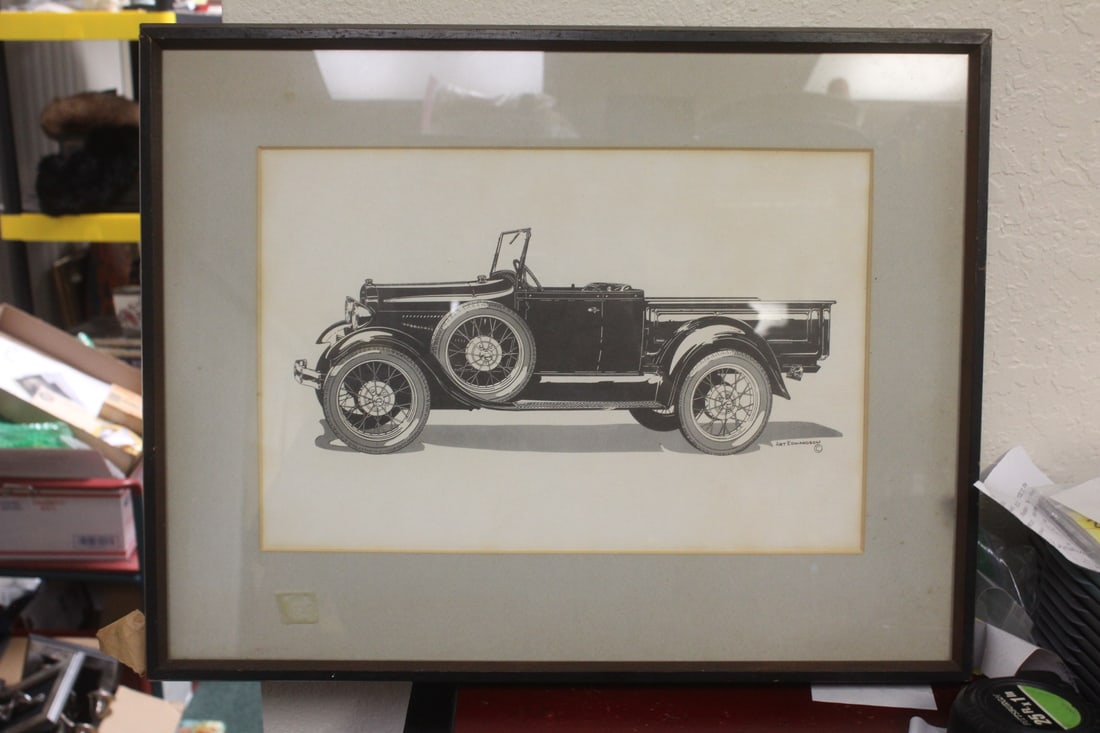 Edwardson Drawing/Print of an Automobile: framed art - overall= 19 1/2" x 15 1/8"