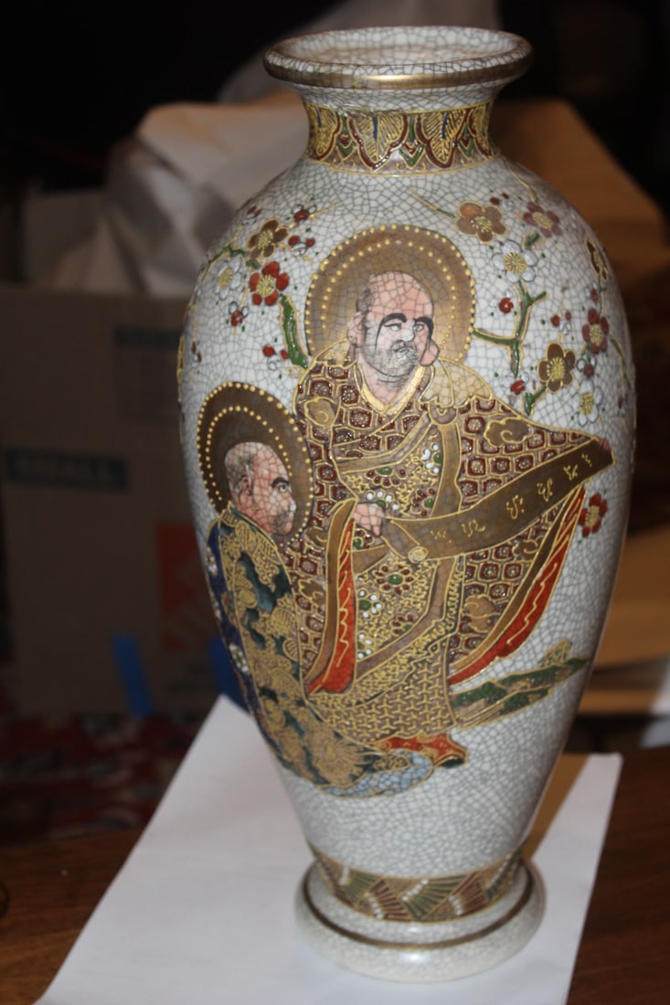 Antique Japanese Satsuma Vase: signed - please note: lip professionally restored, hardly noticeable - 15 1/4" tall