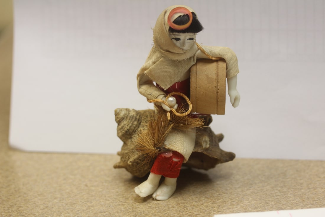 Vintage Celluloid Doll: sitting on a seashell - 4 1/4" tall - probably Japanese
