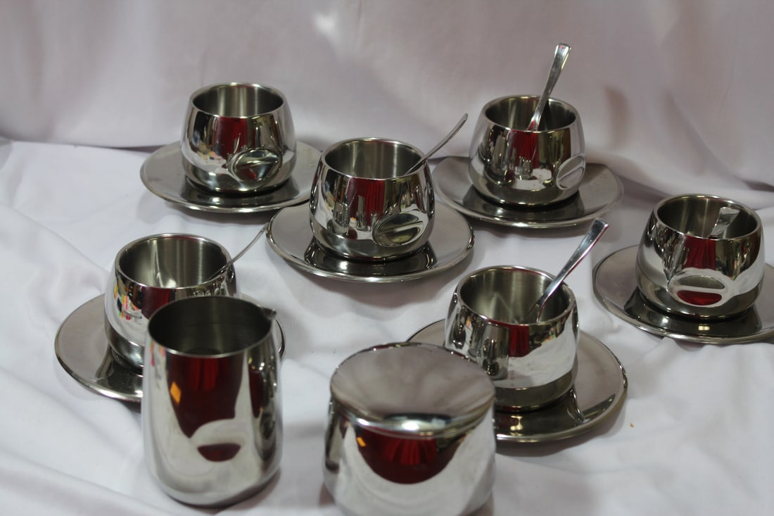 Set of 19 Modern Style Metal Tea of Coffee Set: with cups, saucers, spoons, cream and sugar - please note: one spoon is missing - tallest3 1/2"