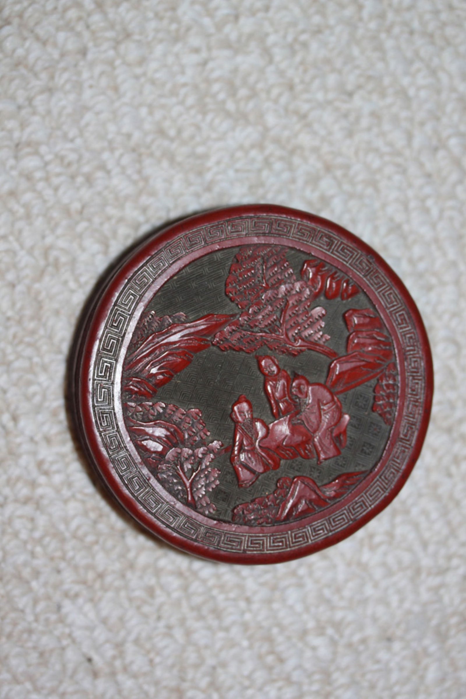 19th Century Chinese Cinnabar Round Box: Marked. 4 3/4" in diameter.