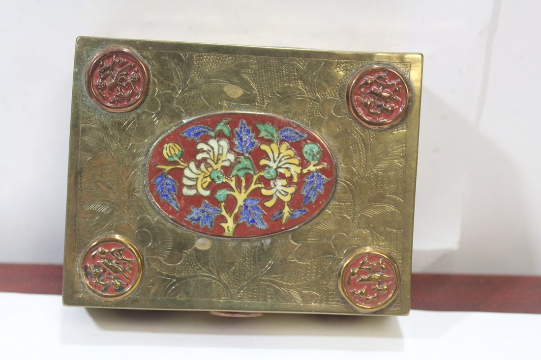 A Chinese Cloisonne and Brass Box: marked China - most likely republic period - cedar inline - 4 3/8" across