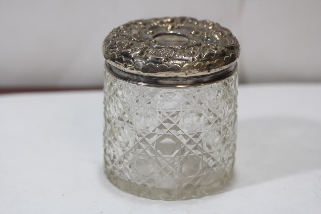 A Victorian Hair Receiver: sterling lid - glass body container - ornate - 3 3/8" tall