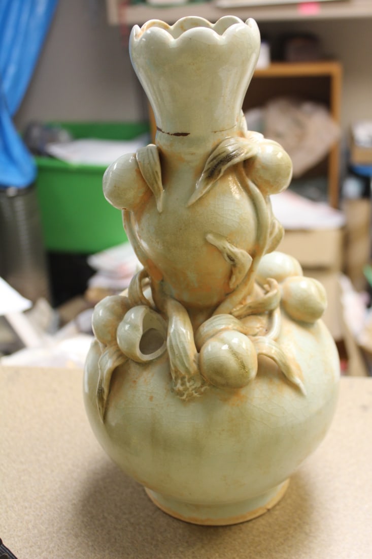 Oriental Light Celadon Vase: appeared to be old - please note: one of the fruit broken off as shown - 12 1/2" tall