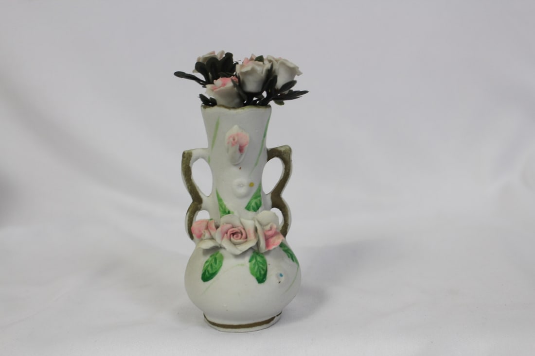 A Miniature Ceramic Vase: with flowers - 4 inches tall