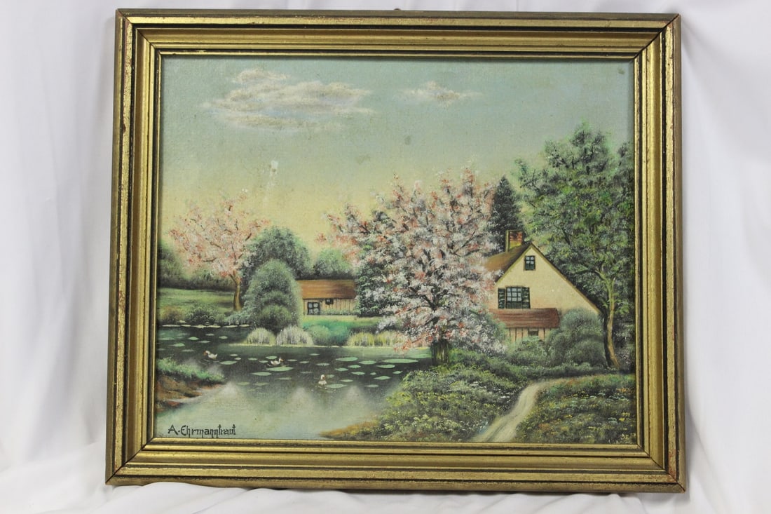 An Oil on Board Painting: by Ann? Ehrmanntrout - antique/vintage - great looking painting - overall= 12 1/4" x 10 3/8"