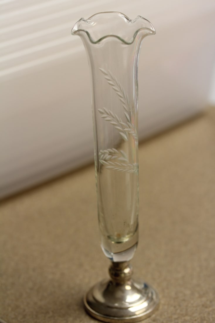 Etched Glass Sterling Base Beaker Vase: 7 1/4" tall