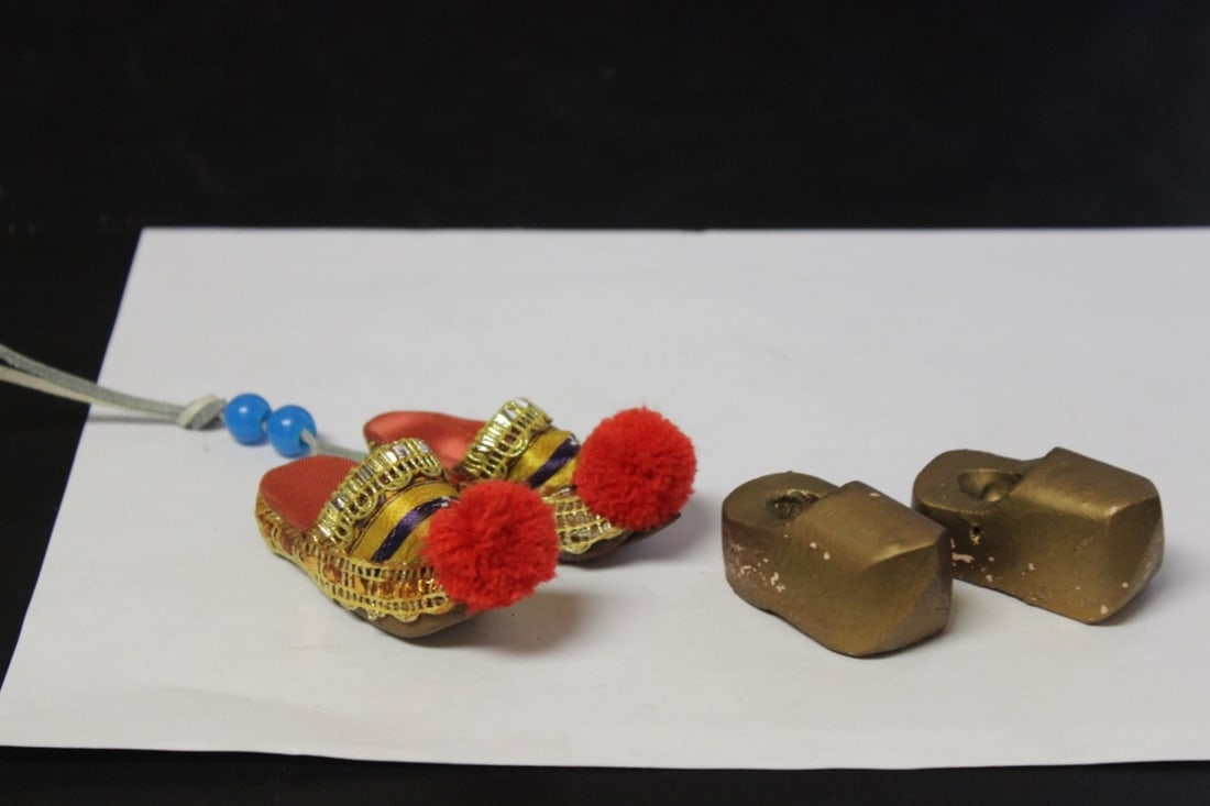 2 Pairs of Miniature Shoes: Wood, cloth, leather construction