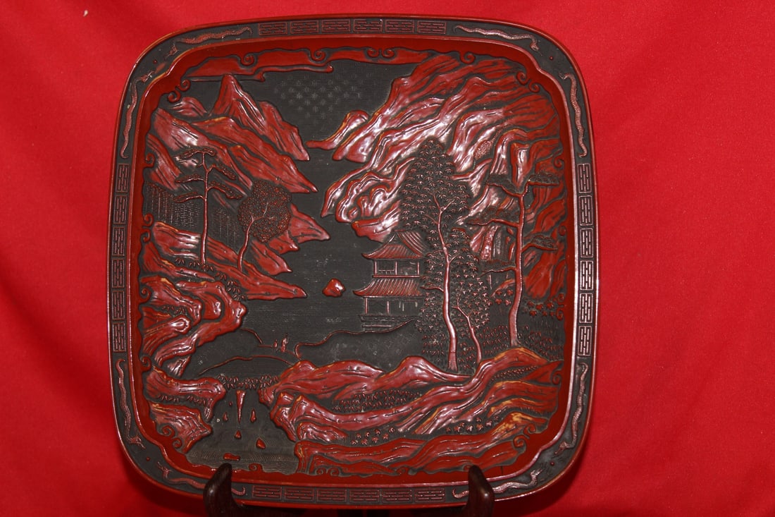 A Cinnabar Tray: Resin - vintage from the 1970's-1980's - nicely carved and designed - chinese - 9 1/2" square